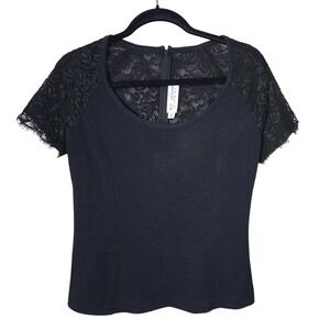 ST. JOHN EVENING Black Santana Knit Top Lace back USA Quiet Luxury Old Money‎ S